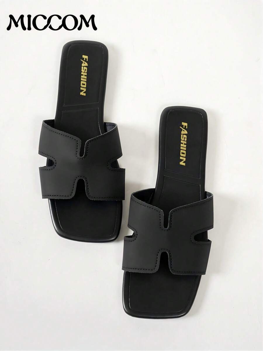 MICCOM Fashionable Women's Flat Square Toe Open Toe Slippers, Spring/Summer New Versatile Sandals - Black - View 1
