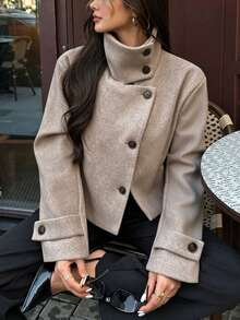 DEEKA 秋冬新款女式時尚歐美風極簡領口混紡羊毛短夾克 春季，靜奢風 - 卡其色 - 查看 2