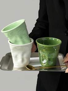 1pc Ins Style Pleated Twisted Ceramic Mug, Niche Coffee Cup For Home Afternoon Tea Milk Tea, Minimalist Solid Color Water Cup, Creative Textured Design Cup, Versatile Drinking Cup, Couple/Best Friend Matching Gift, Home/Office Breakfast Beverage Cup, Photo-Worthy Tableware, Multi-Color Options, Versatile Home Decor Gift - Multicolor - View 4