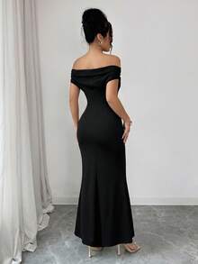abyoxi Women's Black Cold Shoulder Ruched Waist Slim Fit Short Sleeve Fishtail Long Dress, Elegant, Sexy, Party, Wedding Guest, Date, Formal Dinner, Summer Autumn Bodycon Maxi Dresses - Black - View 2