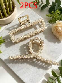 2pcs/1pc Elegant Metal Faux Pearl Square Cross Hair Claw Clip For Women, Back Of Head Daily Updo Hair Claw, Bathing Hair Tie, Half-Up Top Clip, Versatile High-End Hair Accessory For Outings, Parties, Travel, Photos, Home, Commute, Back To School, Holiday Gift - Multicolor - View 9