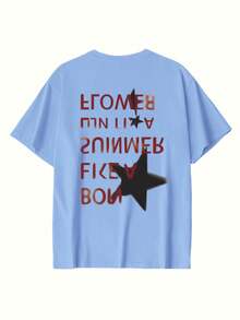 Unisex Loose-Fit Pure Cotton T-Shirt, Stars Letter Slogans Print, Ideal For Daily Summer, Beach, Graduation, Vacation - Light Blue - View 3