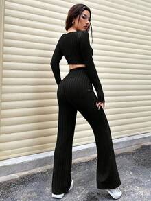 Unity Women's Long Sleeve Ribbed T-Shirt And Pants Set With Split Hem Design - Whole Grain Coffee - View 3