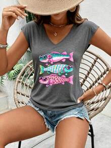Bestseller Retro Streetwear Funny Sunglasses Fish Coastal Graphic Women's V Neck Cap Sleeve Top, For Street Hangout Beach Trip Daily Shopping - Grey - View 1