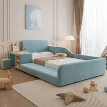 Upholstered Bed, Single Bed With Children's Desk And Stool, With Storage Shelf, Soft Headboard - 藍色 - 查看 5