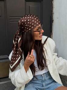 1pc Women's Elegant Casual Polka Dot Silk Scarf/Square Scarf, French Style Silk Hair Accessory, Lightweight And Breathable, Suitable For Various Occasions Daily Wear, Such As Weddings, Banquets, Workplace Commuting, Island Vacation And Beach Party. - Brown - View 3