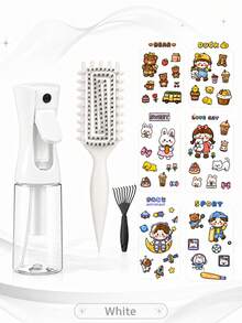 可愛 DIY 造型禮品套組，包含噴霧瓶、造型梳、尾梳和卡通貼紙頁，便攜式美髮護理套裝，適合女性，粉色、紫色、白色、綠色、黑色可選 - 彩色 - 查看 7