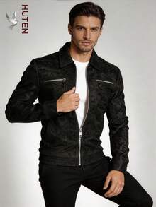 Men's Black Textured PU Leather Slim Fit Bomber Motorcycle Jacket, With Zipper Pockets, Casual Lightweight Outerwear - Black - View 2