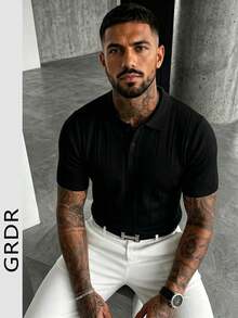GRDR Men's Summer Polo Ribbed Knit Short Sleeve, Suitable For Summer Business Gatherings, Minimalist Versatile - Black - View 5