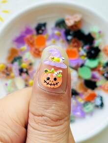 100pcs Halloween Gothic Style Pumpkin Head, Bat, Magic Hat Nail Art Charms, Random Styles, Suitable For DIY Nail Art, Scrapbook Decoration, Facial Expression Features, Jewelry Making, Perfect For Nail Art And Creative Projects - Multicolor - View 2