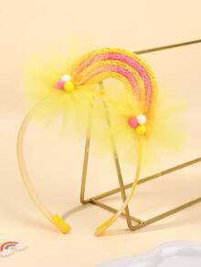 1pc Yellow Glitter Rainbow Tulle Headband For Girls Pom Pom Decor Cute Birthday Party Headwear Daily Hair Band Teens Hair Accessories - Multicolor - View 4