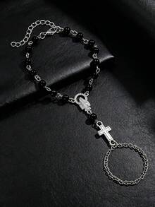 1pc Gothic Metal Chain Cross & Beaded Knuckle Bracelet, Religious Jewelry For Daily Wear, Gatherings And Parties - Style 1 - View 2