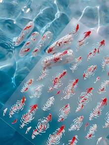 中式鯉魚水波紋美甲貼紙，紅白色小魚波紋浮雕貼紙，新中式幸運金魚裸色美甲DIY裝飾貼紙 - 彩色 - 查看 5
