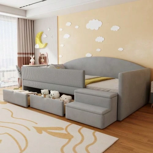 أريكة سرير مبطنة، 90*190 سم، سرير متعدد الوظائف، مع حاجزين ودرجات - رمادي - مشاهدة 1