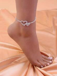 1pc Multi-Heart Rhinestone Anklet, Sparkling Foot Jewelry Suitable For Beach, Vacation, And Daily Wear - Silver - View 1