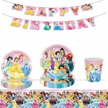 Hasbro Princess Theme Birthday Party Supplies Set, Happy Birthday Banner, 9 Inch Paper Plates, Paper Cups, Napkins, Disposable Tablecloth, Cartoon Princess Birthday Table Decoration Set - Multicolor - View 9