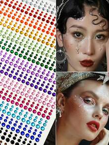 900pcs/Sheets Colorful Eye Makeup Rhinestone Decorative Stickers, Holiday Party Makeup Ball Short Video DIY Makeup Accessories, Concert Bar Shiny Face Tattoo Costume Stickers - 彩色 - 查看 3