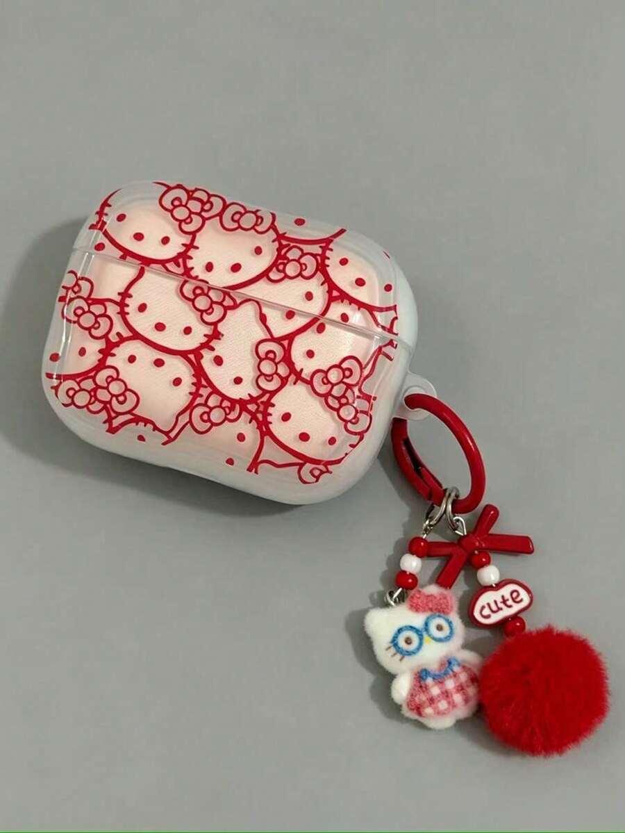 SANRIO 1個全螢幕粉色 Hello Kitty + 吊飾蘋果藍牙耳機保護殼 - 紅色 - 查看 1