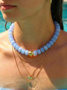 1pc Vintage French Elegant Fashion Hip Hop Bohemian Vacation Style Dopamine Blue Resin Acrylic Irregular Oval Square Beaded Minimalist Adjustable Necklace Set, Personalized Exaggerated Unique Y2K Layered Y-Chain Collarbone Chain Sweater Chain, Suitable For Women Summer Beach Vacation Party Evening Dinner Music Festival Date Gift Daily Wear All Seasons Versatile Jewelry - Blue - View 5