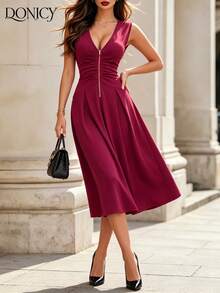 DONICY Vestido Midi Casual/para Encontro Ajustado com Zíper na Frente e Decote em V, Plissado, na Cor Bordô - Vinho - Visão 8