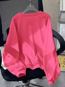 Sweet Relaxed Slouchy Youth Girl Creative Cat Print Sweatshirt, Casual Crew Neck Sweatshirt Paired With Loose Wide Leg Pants, Autumn/Winter Daily 2-Piece Set. - Hot Pink - View 4