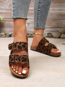 Women's Vintage Leopard Print Double Hook & Loop Thick Sole Cork Cushioned Slide Sandals, Casual Versatile Beach Slippers For Summer - Coffee Brown - View 3