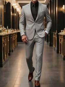 Men's Solid Color Slim Fit Casual Business Versatile Suit Set, Formal Fashion Party Wedding Ball 2 Pieces Set - Grey - View 1
