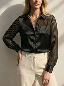 Women's Elegant Black Satin Blouse, Contrast Mesh Long Sleeve, Regular Fit Shirt Collar, Exquisite Polyester Top - Black - View 4