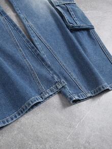 Celana Jeans Denim Lurus Pria Eropa & Amerika Warna Biru dengan Banyak Saku dan Dekorasi, Berbagai Macam Kerajinan - Dark Wash - View 6