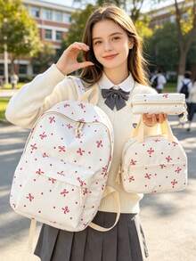 1 Set Back To School Backpack Set - Bow Pattern Large Capacity Backpack + Lunch Bag + Pencil Case Multi-Piece Set, With Laptop Compartment School Bag, Campus Day Bag, Lightweight Portable Zipper Bag, Suitable For Students/Teenagers/Graduates, Perfect For Outdoor/Travel/Middle School/High School/University, Essential College Backpack - 8217 - View 2
