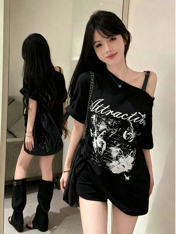 Women's American Print One Shoulder Belt Black Short Sleeve T-Shirt, Sexy Asymmetrical Shoulder Loose Unique Top For Summer