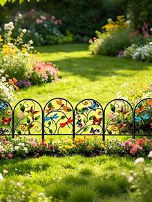 Best-Selling Garden Decor Painted Butterfly & Floral Iron Garden Fence, Bird Dragonfly Butterfly Small Fence, Connectable Curved Yard Divider Fence, Outdoor Lawn Flower Bed Decorative Ground Stake Metal Fence - Multicolor - View 3