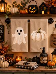 2pcs Halloween Pumpkin & Ghost Pattern Kitchen Towels, Halloween Home Decor Towels, Halloween Kitchen Decor Towels, Cute Style, Microfiber Material, Rectangular, 40*60 CM, Suitable For Home Autumn Kitchen Decor, Outdoor Party Activities, Halloween & Thanksgiving Holiday Gifts - Multicolor - View 8