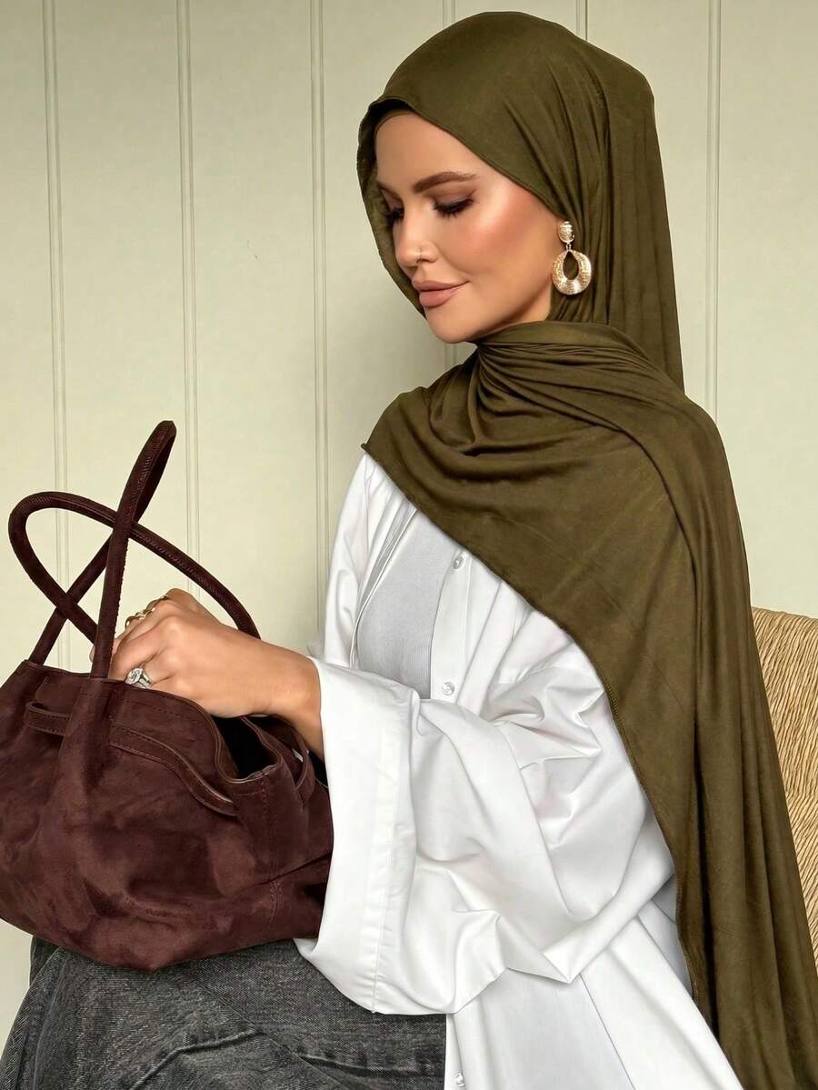 1PC Women's New Military Green Solid Color Large Size Hijab Headscarf Long Scarf Casual Soft - Army Green - View 1