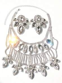 Fashion Bling Rhinestone Earrings & Necklace Set, Bridal Wedding Banquet Jewelry Set - Silver - View 9