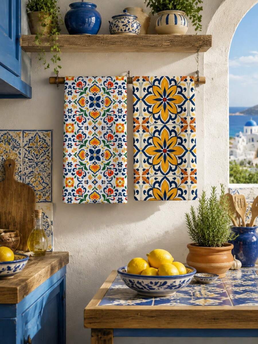 2pcs Bohemian Geometric Pattern Kitchen Hand Towels, Dish Cloths, Mediterranean Style, Kitchen Decor Towels, Home Decor Towels, Microfiber Material, Rectangular, 40*60 CM Digital Printed Pattern, Suitable For Daily Home Kitchen Decoration, Outdoor Party Event Decoration - Multicolor - View 1
