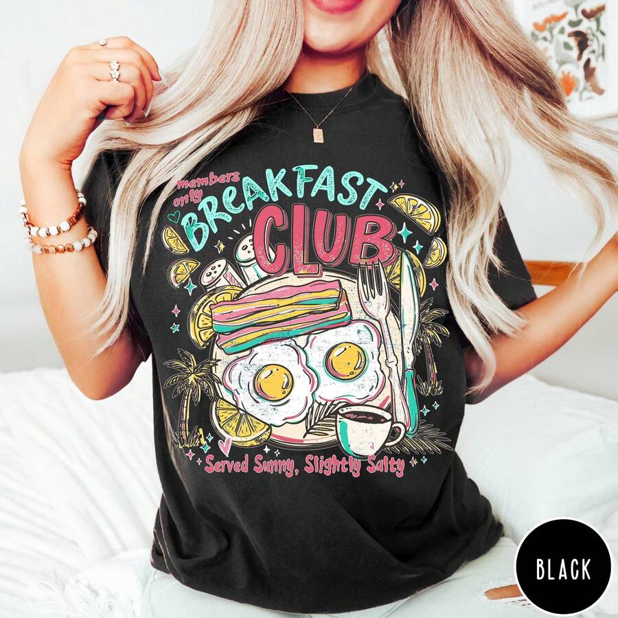 Breakfast Club ® T-Shirt, Lustiges Unisex-Frühstücksshirt, Brunch-Shirt, Geschenk für Essensliebhaber, Pfannkuchen-Eier-Shirt, Lustiges Grafik-T- - Schwarz - Übersicht 1