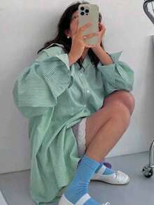 女款大尺碼條紋鈕扣開襟休閒襯衫，長版落肩袖，梭織布料 - 薄荷綠 - 查看 5