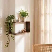 1 pieza Estantería de pared de madera trapezoidal, estilo nórdico, color madera clara, rectangular, estante de almacenamiento abierto, adecuado para decoración de sala de estar, dormitorio, estudio - A - Ver 2