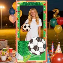 1pc Football Theme Football Field Background With Football & Football Shoes Hollow Photo Frame, Football Sports Event Decoration Prop, Birthday Party Photo - Multicolor - View 2