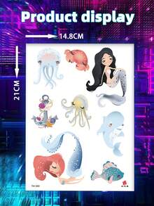 20張美人魚海洋臨時紋身貼紙，適合女性女孩，可愛卡通海洋生物身體藝術，防水持久易貼，海豚水母螃蟹魚，適用手臂腿部肩膀，夏季海灘派對節慶日常穿著裝飾 - 黑色 - 查看 6