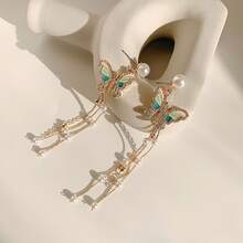 1 Pair Ethereal Sweet Colorful Butterfly Tassel Earrings, Faux Pearl Tassel Design Earrings, Exquisite Sweet Earrings - Multicolor - View 2