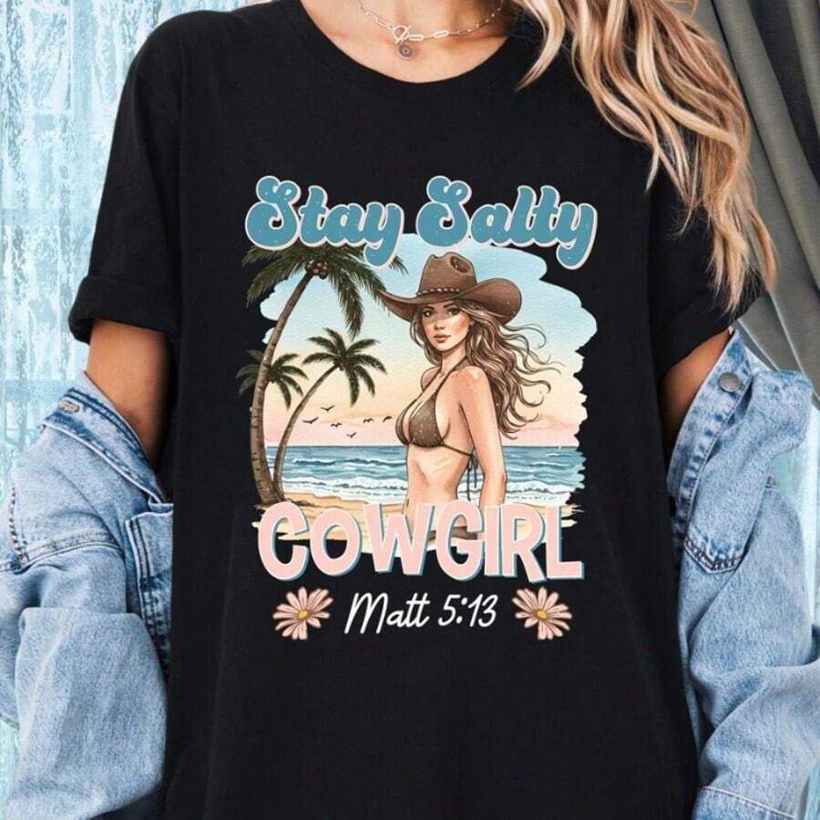 Funny Shirts Seaside Cowgirl Shirt, Coastal Cowgirl, Summer Retro Tee, Mermaid Aesthetic Shirt, Coastal Western Beach Shirt, Western Summer Shirt - 黑色002 - 查看 1