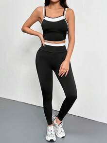 2pcs Women's Fashion Tight Top And Leggings Set, Perfect For Outdoor Casual Wear Or Sports - Black - View 7