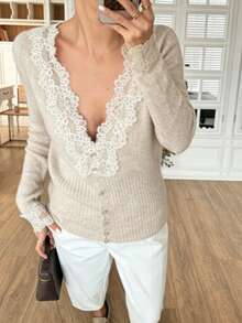 Women's Elegant Autumn/Winter New V-Neck Lace Trim Vintage Pullover Button-Up Date Sweater Fall - Apricot - View 3