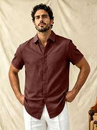 glestore Men's Vintage Style Old Money Aesthetic Linen-Like Texture Solid Color Button-Down Short-Sleeve Shirt All-Season Casual Versatile Piece
