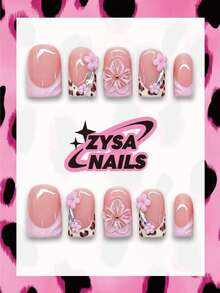 Zysa Medium Square Nude Pink Leopard Print Press On Nails, 3D Pink Flower Rhinestone Inlaid Glossy Fake Nails, Sweet Coquette Eid Ramadan Bridal Floral Reusable False Nails Wedding Party Romantic Gentle Manicure Back To School Summer Graduation Y2k - Multicolor - View 1