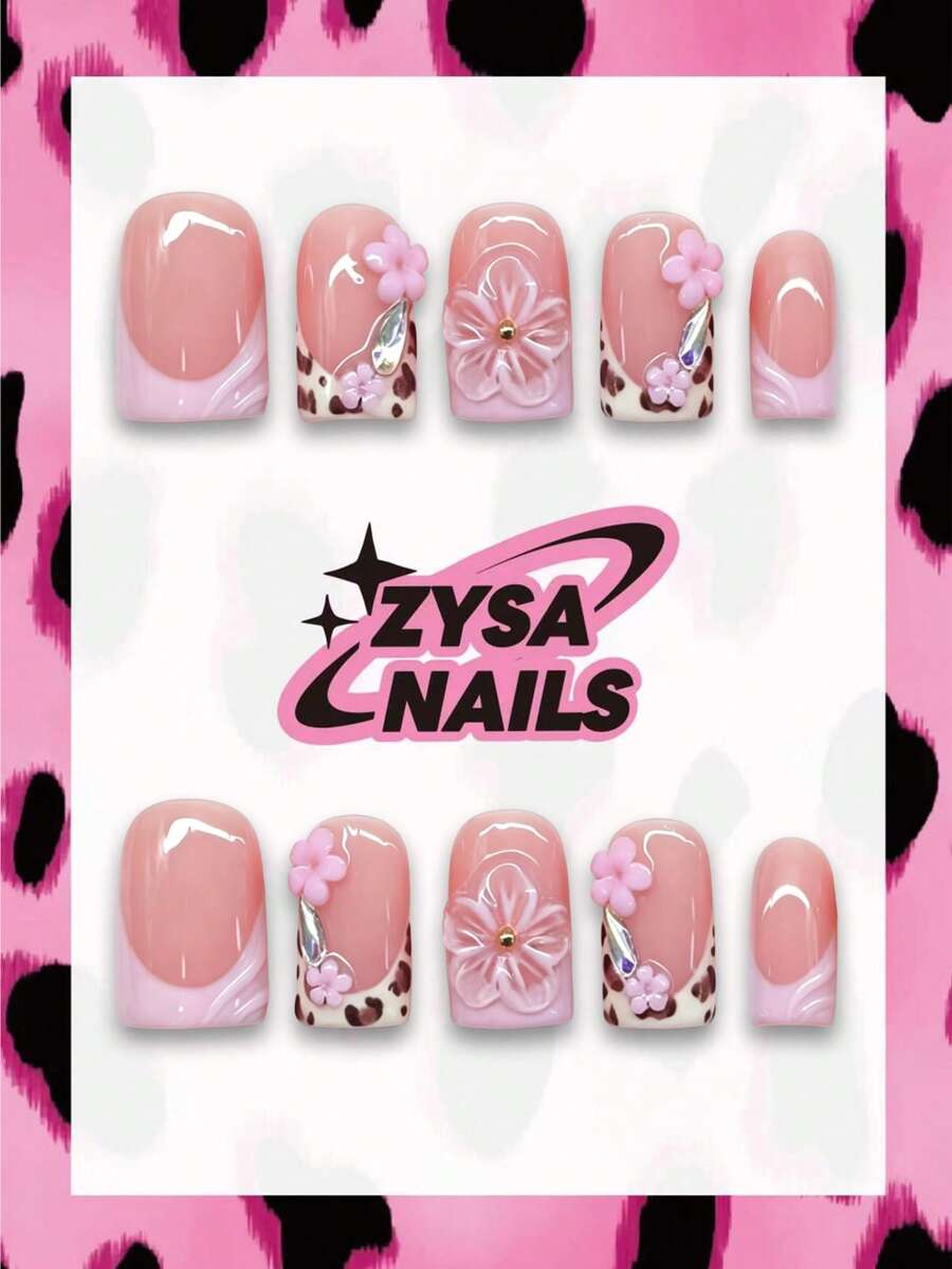 Zysa Medium Square Nude Pink Leopard Print Press On Nails, 3D Pink Flower Rhinestone Inlaid Glossy Fake Nails, Sweet Coquette Eid Ramadan Bridal Floral Reusable False Nails Wedding Party Romantic Gentle Manicure Back To School Summer Graduation Y2k - Multicolor - View 1