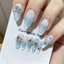 Uñas postizas hechas a mano para usar, nuevas, azul brumoso con efecto ojo de gato, largas, de alta gama, puntas de uñas cola de pez con strass, pegatinas de uñas premium, uñas postizas de presión hechas a mano - Neblina azul - Ver 3