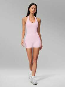 MFVIM Women V-Neck Halter Backless Yoga Bodysuit, Slim Fit Hip Lifting Short Jumpsuit For Running, Cycling, Pilates & Gym Workout - Baby Pink - View 8